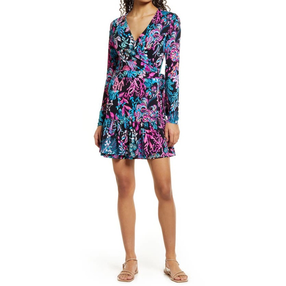 Lilly‎ Pulitzer Misha Wrap Long Sleeve Romper Sz Medium Onyx Twilight Coral